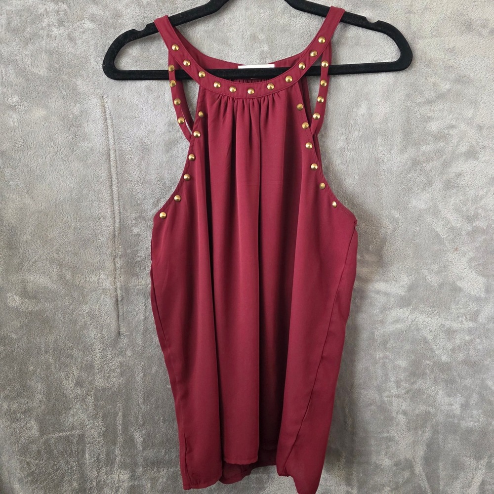 Socialite Womens Burgundy Studded Halter Neck Sleeveless Blouse Top Large Wine